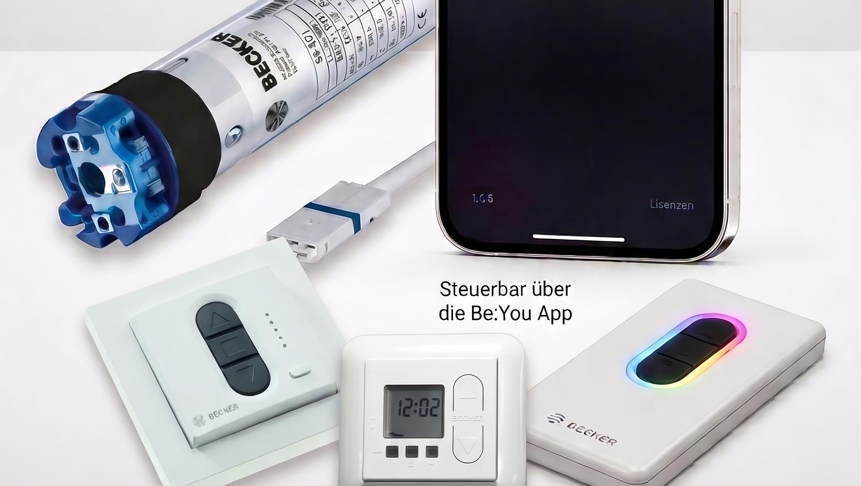 Becker Rohrmotor mit Be:You App, Wandsender, Zeitschaltuhr und CentralControl CC11